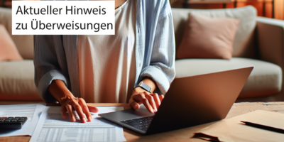Frau sitzt am Laptop - Text Aktueller Hinweis zu Überweisungen